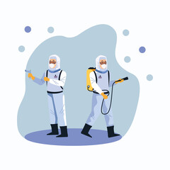 biosafety workers with sprayers disinfectant and covid19 particles