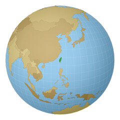 Globe centered to Taiwan. Country highlighted with green color on world map. Satellite projection view. Vector illustration.