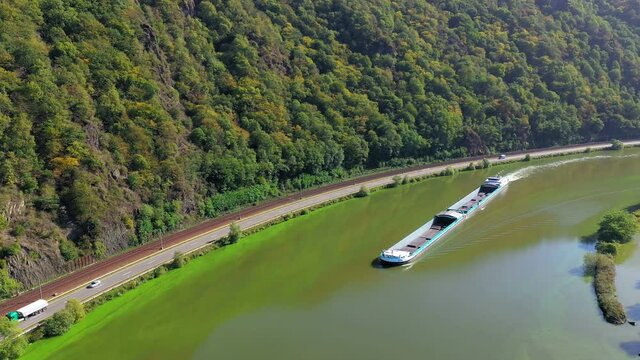 AERIAL WS Barge on Saar River near Serrig / Rhineland-Palatinate, Germany