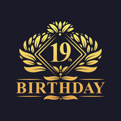 19 years Birthday Logo, Luxury Golden 19th Birthday Celebration.
