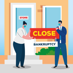 businesspeople with masks on store design of bankruptcy and covid 19 virus theme Vector illustration