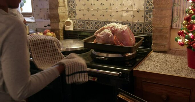 CU HANDHELD Woman inserting raw turkey in baking sheet into oven in kitchen / Dinton, Wiltshire, UK