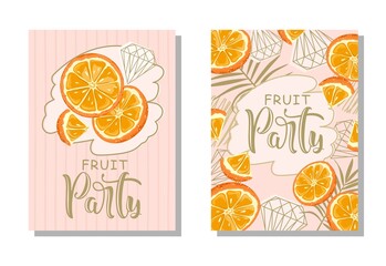 A set of postcards. Fresh orange, tropical leaves, flowers and slices. Hand calligraphy of "Fruit Party". Label, banner advertising element.
Vector illustration. Printing on fabric, paper, postcards, 