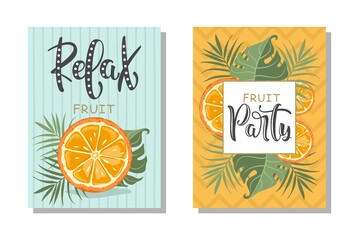 A set of postcards. Fresh orange, tropical leaves, flowers and slices. Hand calligraphy of "Fruit Party". Label, banner advertising element.
Vector illustration. Printing on fabric, paper, postcards, 