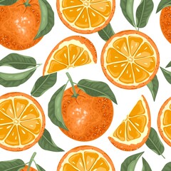 Seamless pattern with fresh orange, tropical leaves and berries. Vector illustration.
Printing on fabric, paper, postcards, invitations.