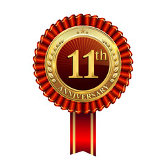 Celebrating 11th anniversary logo, with golden badge and red ribbon isolated on white background.