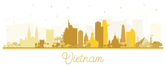 Vietnam City Skyline Silhouette with Golden Buildings Isolated on White.