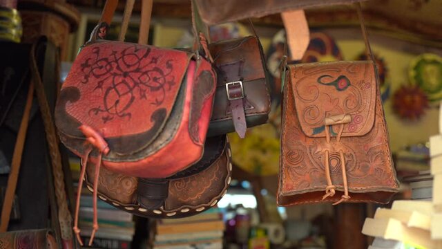 CU Handmade leather purses at market / Norwich Market, Norfolk, United Kingdom