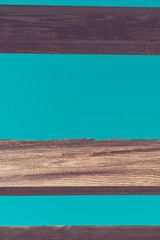 Creative background with wooden planks and blue sky. Custom multipurpose drop with place for text