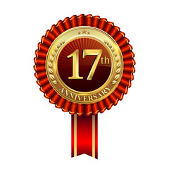 Celebrating 17th anniversary logo, with golden badge and red ribbon isolated on white background.