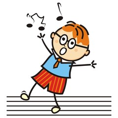 Singing little boy, at the background are stave and music notes, vector icon 