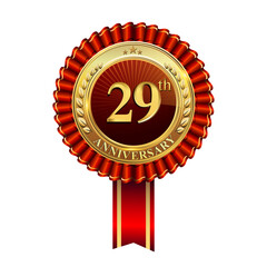 Celebrating 29th anniversary logo, with golden badge and red ribbon isolated on white background.