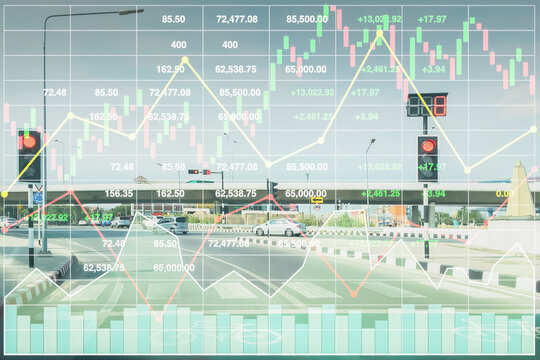 Stock financial index of successful investment on superhighway transportation business and logistic industry growth with chart and graph on superhighway perspective background in Bangkok Thailand. - Powered by Adobe