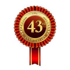Celebrating 43rd anniversary logo, with golden badge and red ribbon isolated on white background.