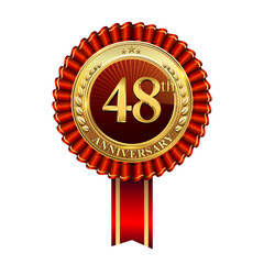 Celebrating 48th anniversary logo, with golden badge and red ribbon isolated on white background.