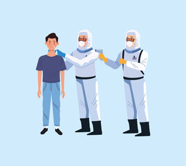 biosafety worker with laser thermometer and test point control