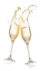 Clinking glasses of champagne with splash on white background