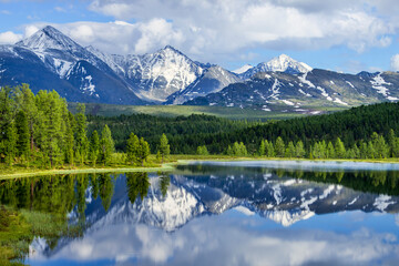 Naklejka na ściany i meble Wild mountain lake in the Altai mountains, summer landscape, beautiful reflection