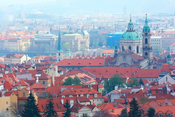 Obraz premium Prague view / panoramic landscape of the czech republic, Prague view with red roofs of houses from above, landscape in the European capital