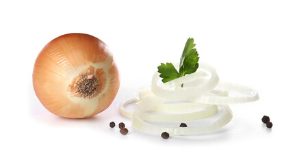 Fresh raw onion and spices on white background