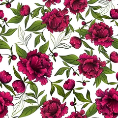 Foto op Canvas seamless vector pattern with gorgeous red peony flowers and green leaves as gentle floral background © radionastya