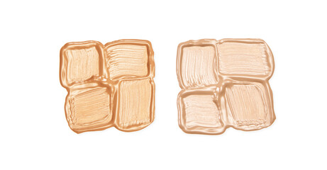 Two different options for foundation. Concealer cream texture. Women liquid makeup product. White background isolated. Beige bb or cc tone stroke. Base cosmetics. Brushstrokes. Corrector tonal paint