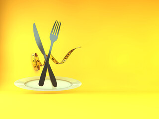 eating disorder 3d rendering. White plate on a yellow background with a measuring tape