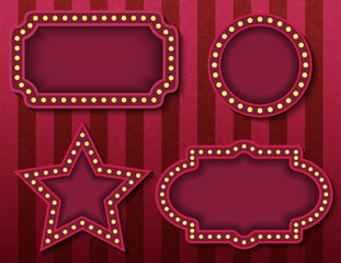 Circus signboards. Vector stock brightly glowing retro cinema neon signs banners. Circus style evening show banner templates. Background vector poster images