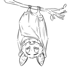 Vector linear illustration of the flying bat hanging upside down. Funny comic style cute outline bat doodle. Hand drawn sketch of the sleepy bat isolated on white background.