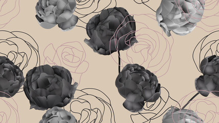 Floral seamless pattern, black roses on bright brown