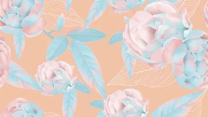 Poster Floral seamless pattern, pastel roses on bright orange © momosama