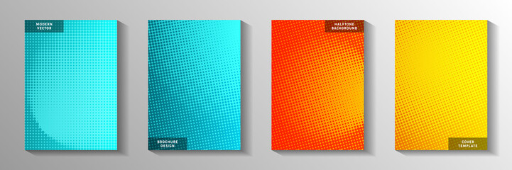 Colorful point faded screen tone cover templates vector set. Industrial flyer perforated screen 