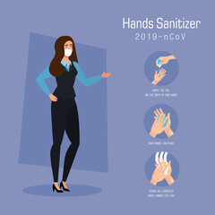 Businesswoman with mask and hands sanitizer and washing steps design, Disinfects clean antibacterial and hygiene theme Vector illustration