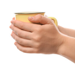 Female hands with cup of coffee on white background