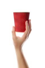 Female hand with cup of coffee on white background
