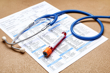 Blood sample in tube with stethoscope and laboratory test form on color background. Concept of...