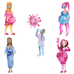 a pregnant woman in a mask and a coronavirus pandemic set
