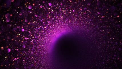 Colorful purple and golden shiny particles. Abstract holiday background. Fantastic light effect. Digital fractal art. 3d rendering.