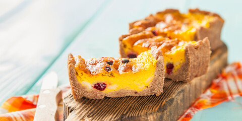 pumpkin pie with a cranberry on a chopping board, selective focus, copy space