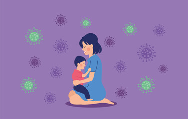 mother with son and covid19 pandemic particles