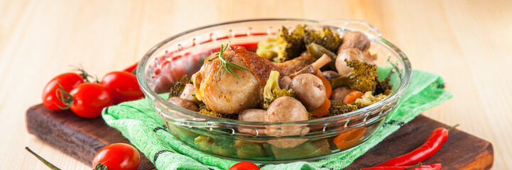 stewed mushrooms and vegetables in a bowl on a table, selective focus, copy space