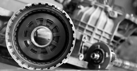 Automatic transmission disassembled on a table in a car service