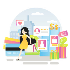 Tiny people customers shopping online with smartphone. Mobile based marketplace, mobile e-shop app, online e-commerce marketplace concept. Vector illustration