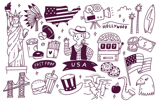 America Travel Destination Doodle Set Vector Illustration