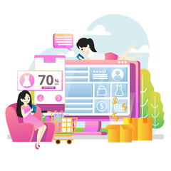 Tiny people customers shopping online with smartphone. Mobile based marketplace, mobile e-shop app, online e-commerce marketplace concept. Vector illustration