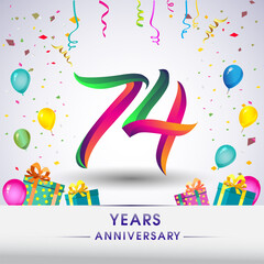 74th Anniversary Celebration Design, with gift box, balloons and confetti, Colorful Vector template elements for birthday celebration party.