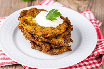 Mucver, Turkish traditional food. (Turkish cuisine) Homemade Food with Zucchini.