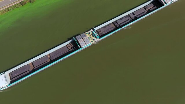 AERIAL MS Barge on Saar River near Serrig / Rhineland-Palatinate, Germany