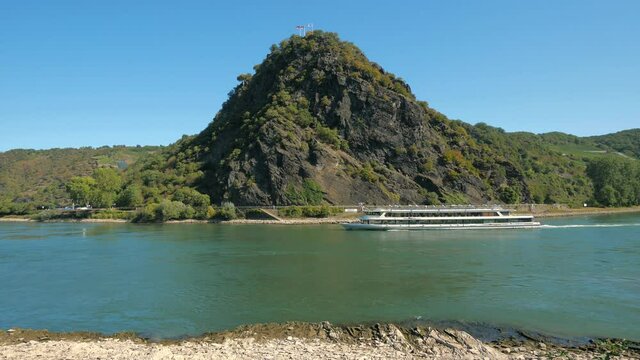 WS Tourboat on Rhine river in front of Lorelei Rock near st. Goarshausen / Rhine Valley, Rhineland-Palatinate, Germany