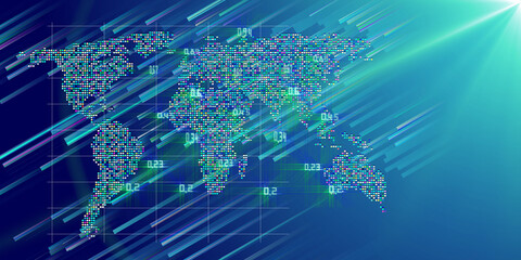 Abstract background globe map with color dots and blurred lines. Big data.  Futuristic analytical design with data. Social network or business concept.